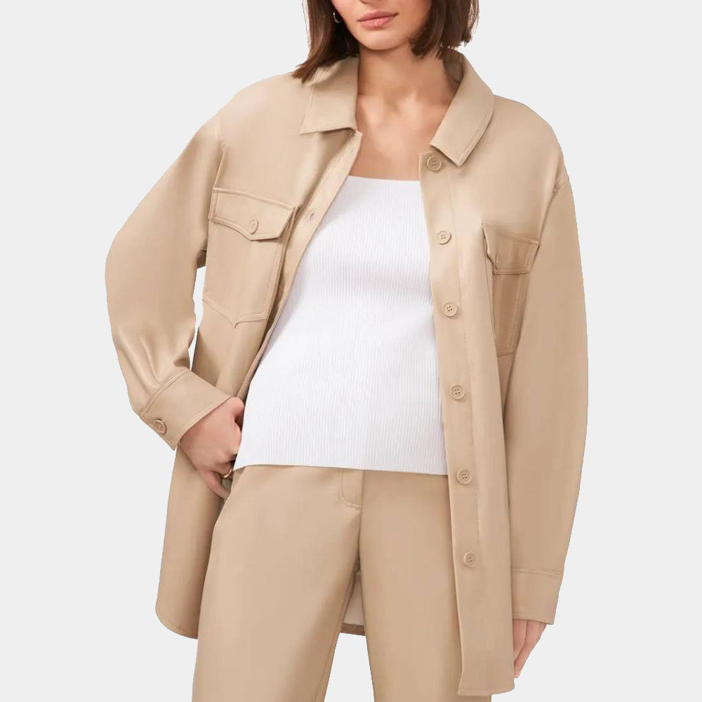 Women's Camel Leather Shirt Jacket - 3amoto