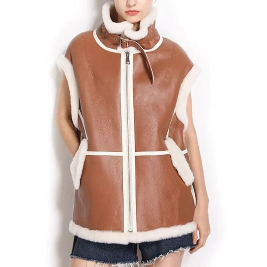 Women's Camel & White Stripe B3 Bomber Shearling Fur Vest - Fashion Leather Jackets USA - 3AMOTO