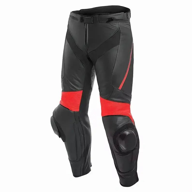 Women's CE armored leather motorcycle pants with red stretch panels