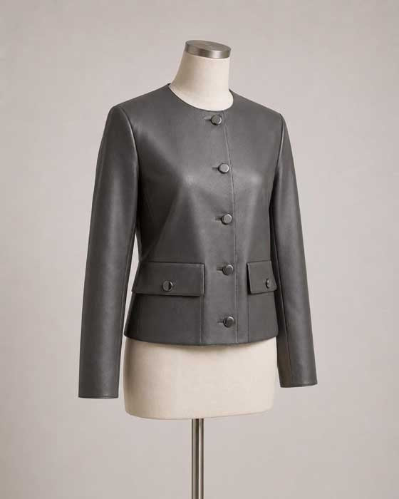 Charcoal grey leather jacket with five-button front for women