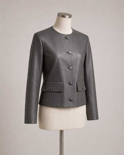 Charcoal grey leather jacket with five-button front for women