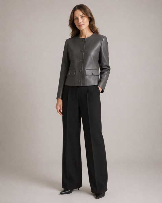 Women's tailored charcoal grey leather blazer with rounded neckline