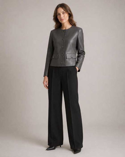 Women's tailored charcoal grey leather blazer with rounded neckline