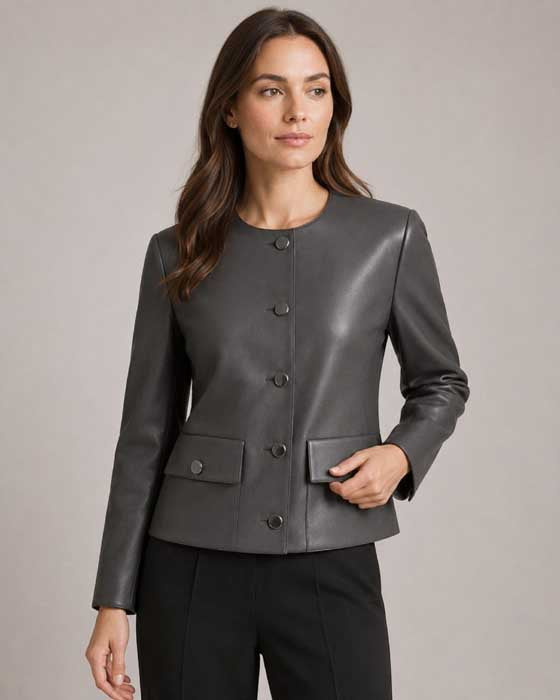 Genuine leather blazer with shaped vertical seams and flap pockets