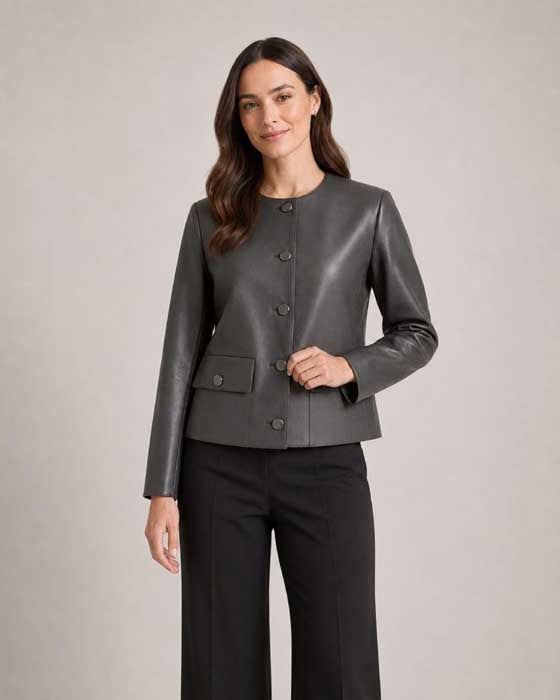 Charcoal grey collarless leather jacket with dark metallic-rim buttons
