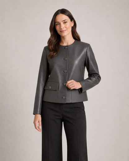 Charcoal grey collarless leather jacket with dark metallic-rim buttons