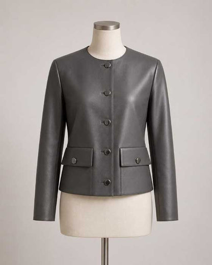 Women's handmade leather blazer with upper-hip length