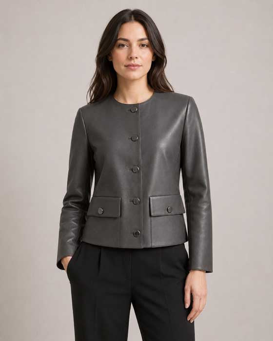 Women's charcoal grey genuine leather collarless blazer
