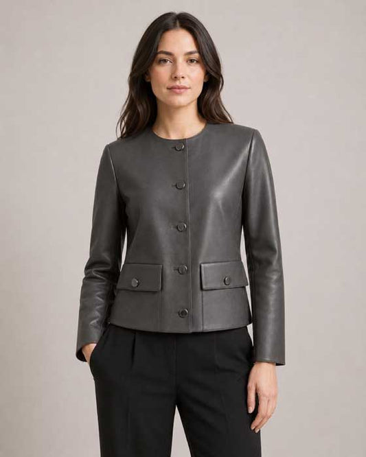 Women's charcoal grey genuine leather collarless blazer - 3amoto shop