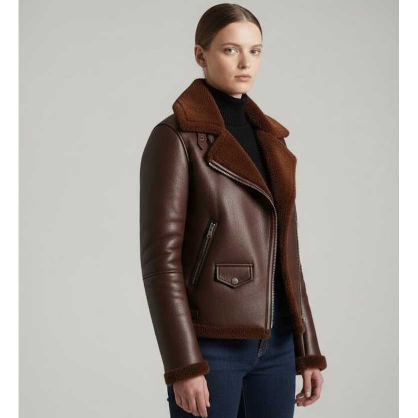 Women's luxury chocolate brown leather motorcycle jacket
