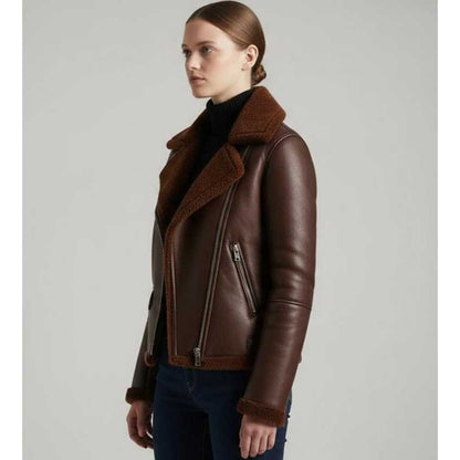 Genuine sheepskin women's classic brown moto jacket