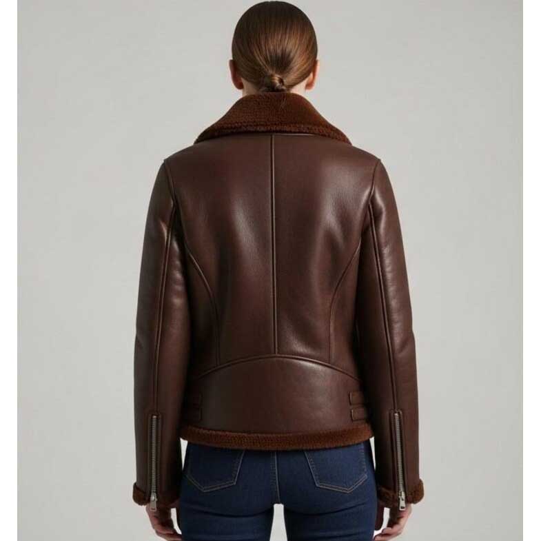 Handcrafted women's brown sheepskin minimalist biker jacket