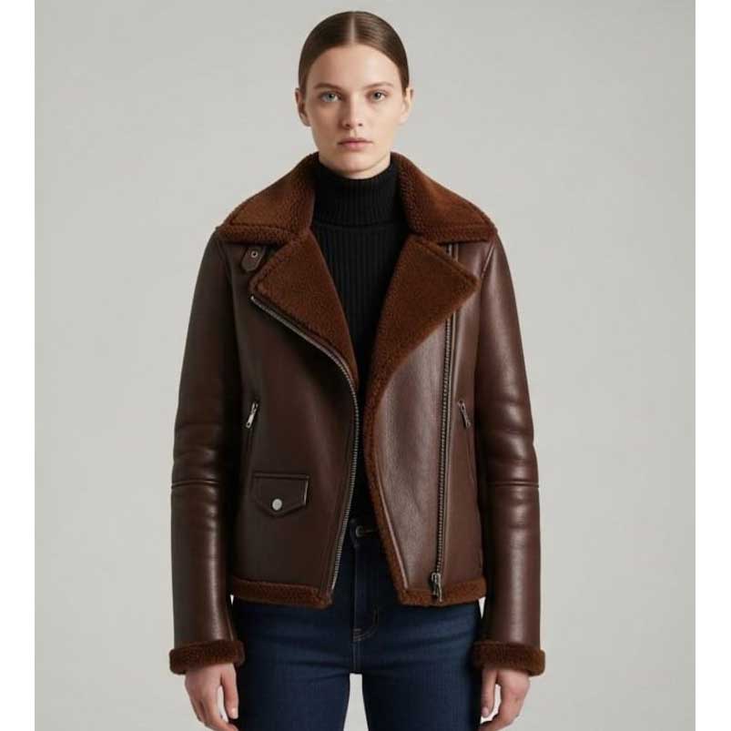 Women's chocolate brown genuine sheepskin leather moto jacket