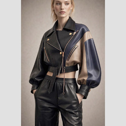 Color block leather moto jacket with voluminous puff sleeves