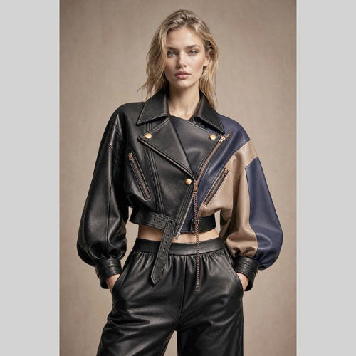 Women’s color block cropped leather jacket in black navy and beige