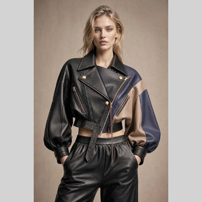 Women’s color block cropped leather jacket in black navy and beige