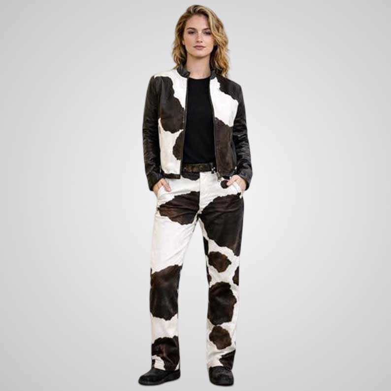 Women's Cow Print Leather Jacket & Pants Set - Western Cowgirl Cowhide Outfit