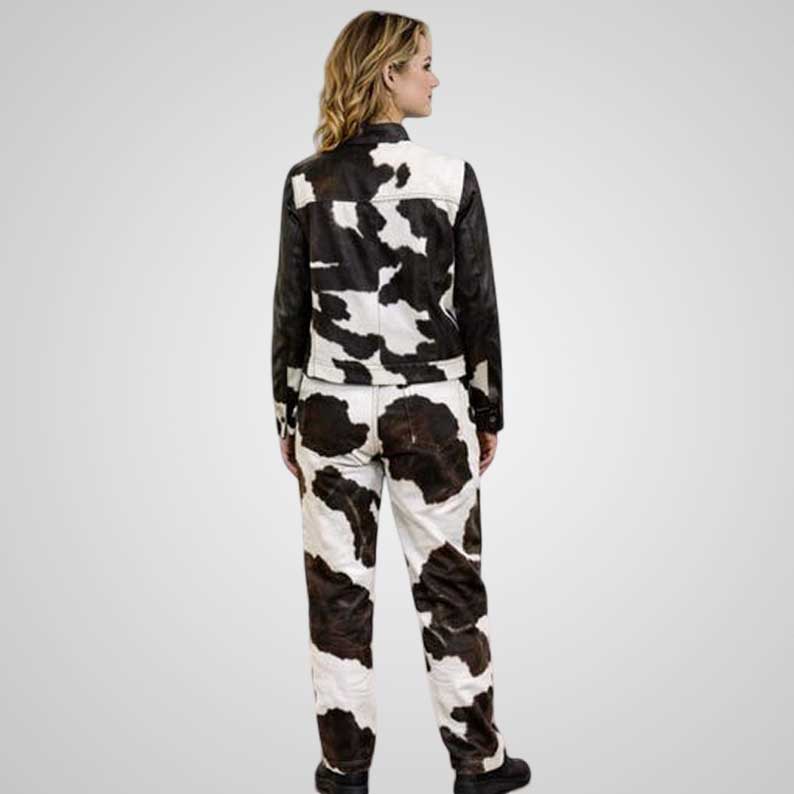 Women's Cow Print Leather Jacket & Pants Set - Western Cowgirl Cowhide Outfit