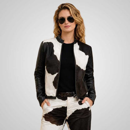Women's Cow Print Leather Jacket & Pants Set - Western Cowgirl Cowhide Outfit