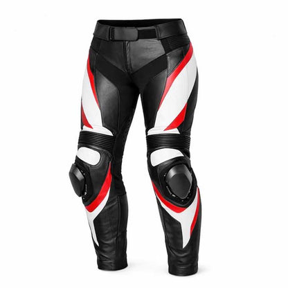 Women's genuine cowhide leather motorcycle pants with red white and black panels