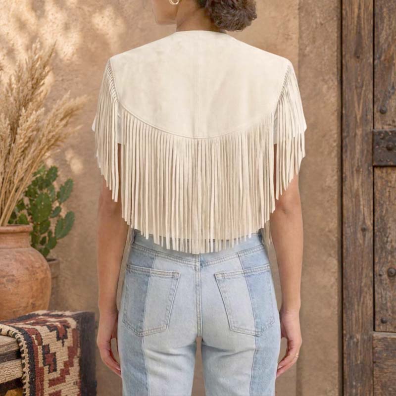 Cream ivory cowgirl waistcoat with long decorative fringe