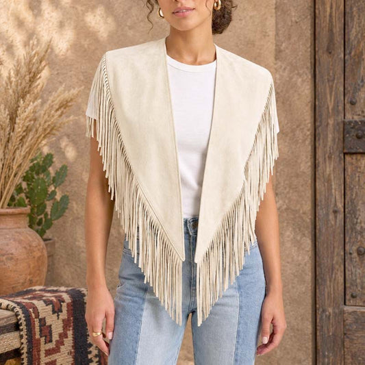 Women's cream fringe vest with open-front Western design - 3amoto shop