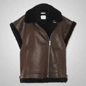 Women's Dark Brown Sheepskin Leather Black Shearling Vest