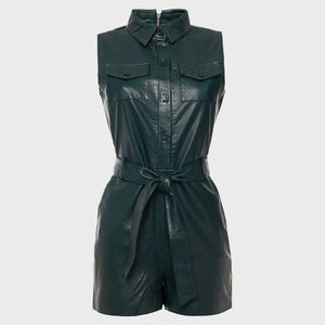 Women's Dark Green Multi Pocket Leather Playsuit