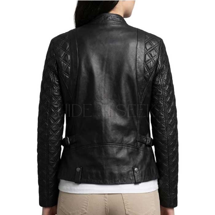 Handmade women's asymmetric black leather moto jacket with quilting