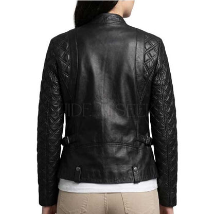 Handmade women's asymmetric black leather moto jacket with quilting