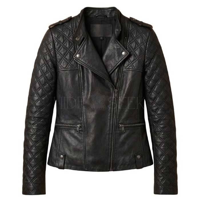 Women's quilted lambskin biker jacket with asymmetric front zipper