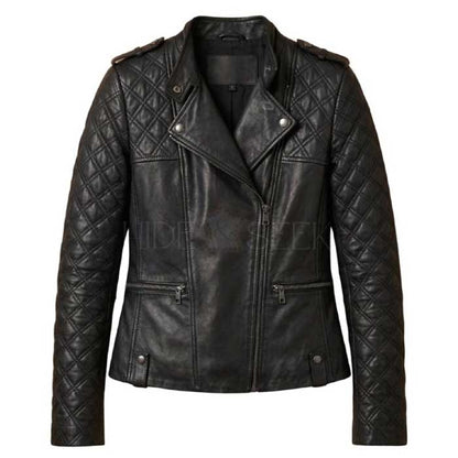 Women's quilted lambskin biker jacket with asymmetric front zipper