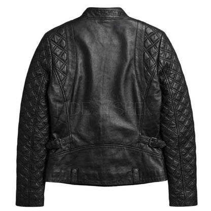 Black women's leather biker jacket with diamond quilted sleeves