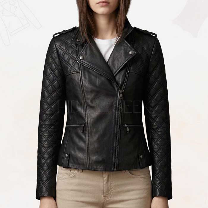 Women's black diamond quilted genuine lambskin leather biker jacket