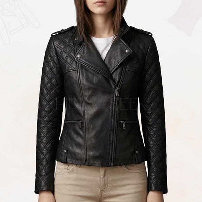 Women's black diamond quilted genuine lambskin leather biker jacket