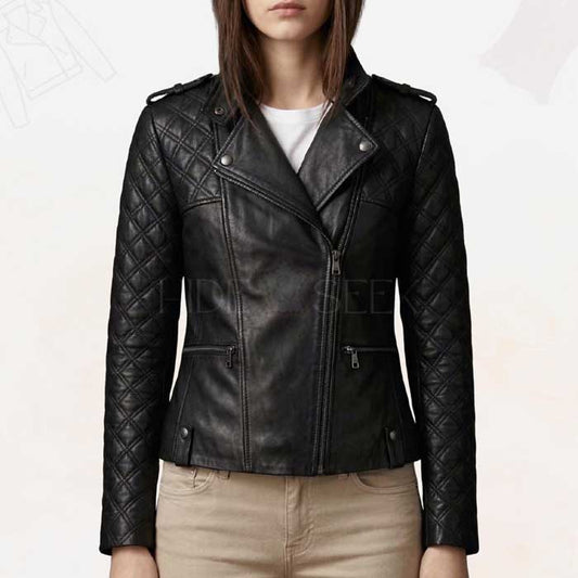 Women's black diamond quilted genuine lambskin leather biker jacket - 3amoto shop
