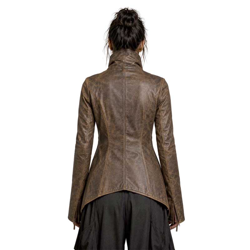women’s brown asymmetric leather coat with high wrap collar