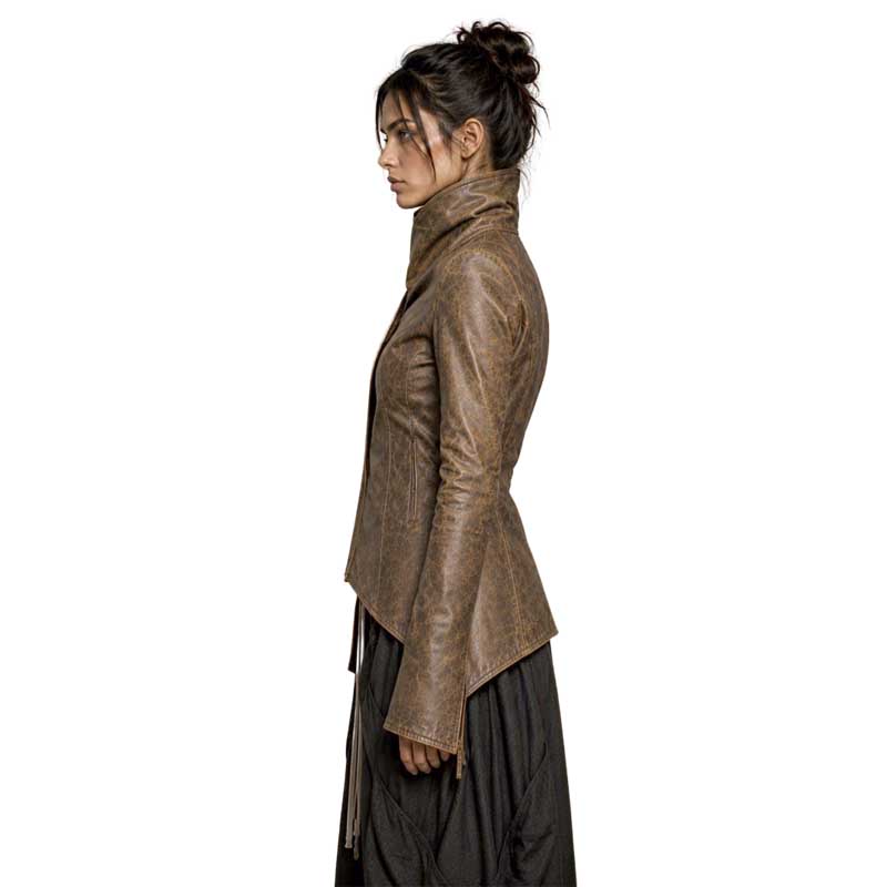 high wrap-style collar on women’s asymmetric leather jacket