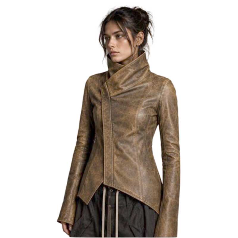 distressed brown women’s leather jacket with extended hem