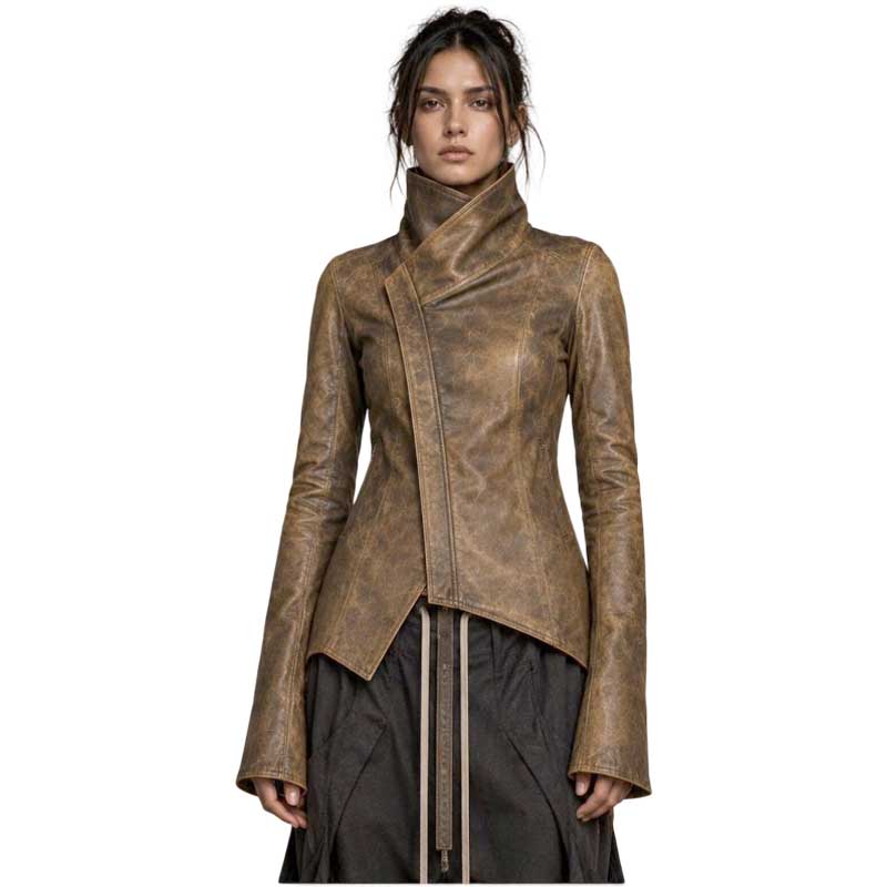 Women’s distressed brown genuine leather jacket with asymmetric front design