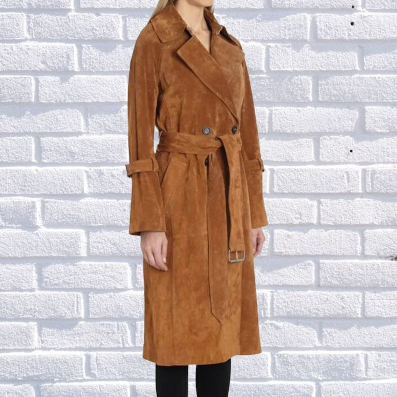 Women’s Genuine Brown Leather Long Trench Coat