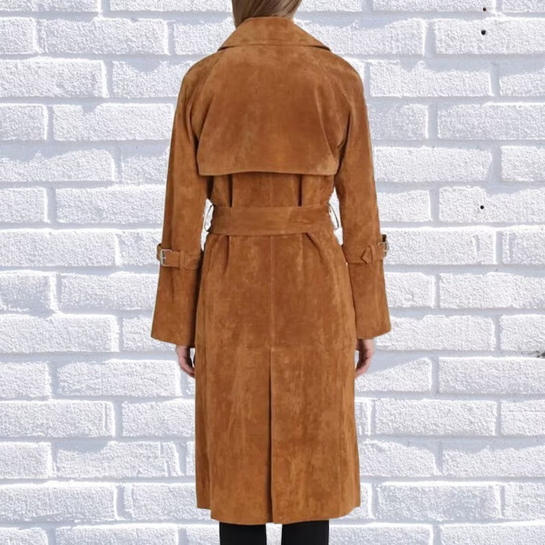 Women’s Genuine Brown Leather Long Trench Coat