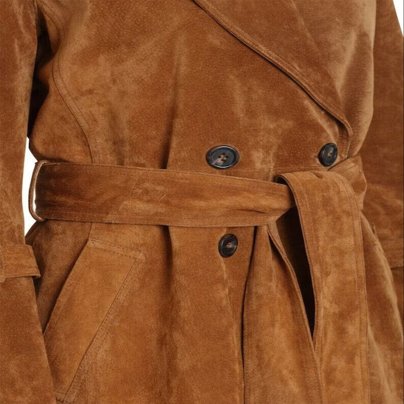 Women’s Genuine Brown Leather Long Trench Coat