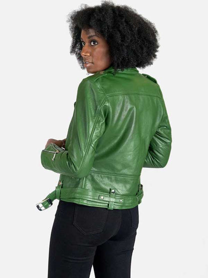 Genuine green biker leather jacket for women with notched lapel collar