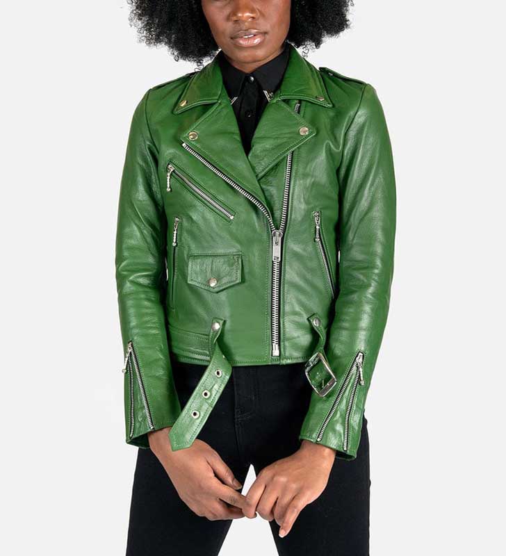 Women's green sheepskin cafe racer leather jacket by 3AMOTO