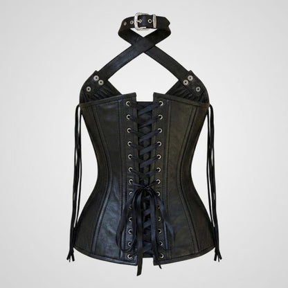 black leather halter lace-up bustier top