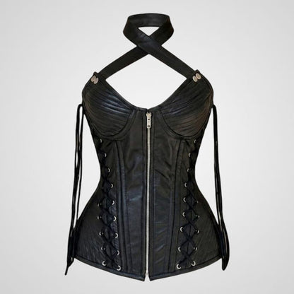Women’s handmade black genuine leather corset with halter neckline