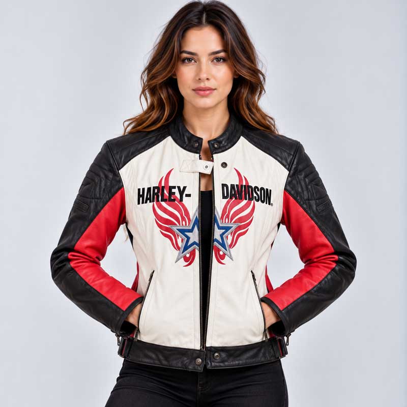 Women's Harley Davidson racing colorblock leather jacket in red black and white.