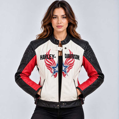 Women's Harley Davidson racing colorblock leather jacket in red black and white.