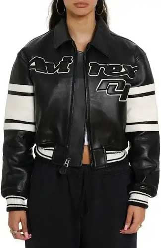Black cropped women’s leather bomber jacket with oversized chest lettering